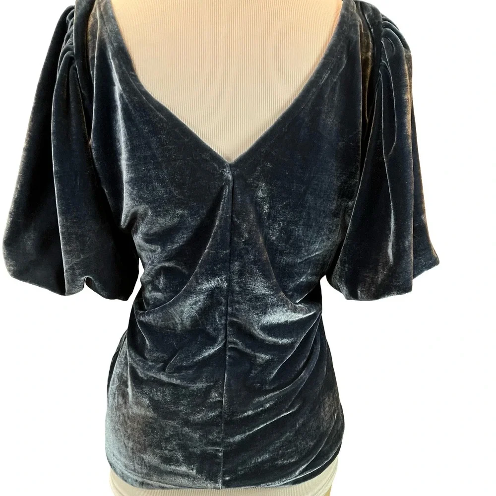 Free People Women Velvet Top Teal Ruched Flutter Sleeve Boho Romantic Large